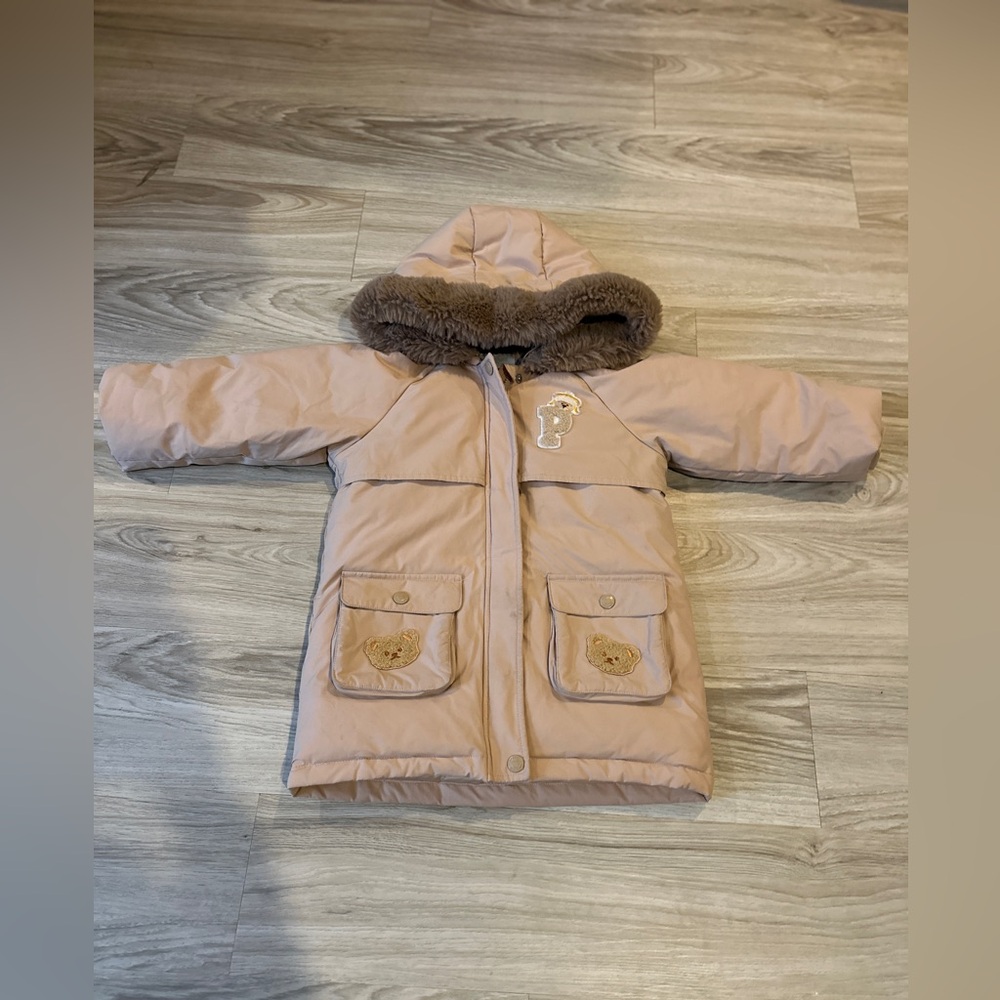 Paw Paw Baby Hooded Winter Coat Beige Teddy Bear Patch Size‎ 100 (18–24M)